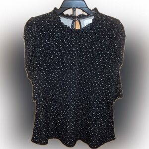 Nordstrom Rack Black & White Ruffled Neck Blouse with Keyhole Back, Puff Sleeves